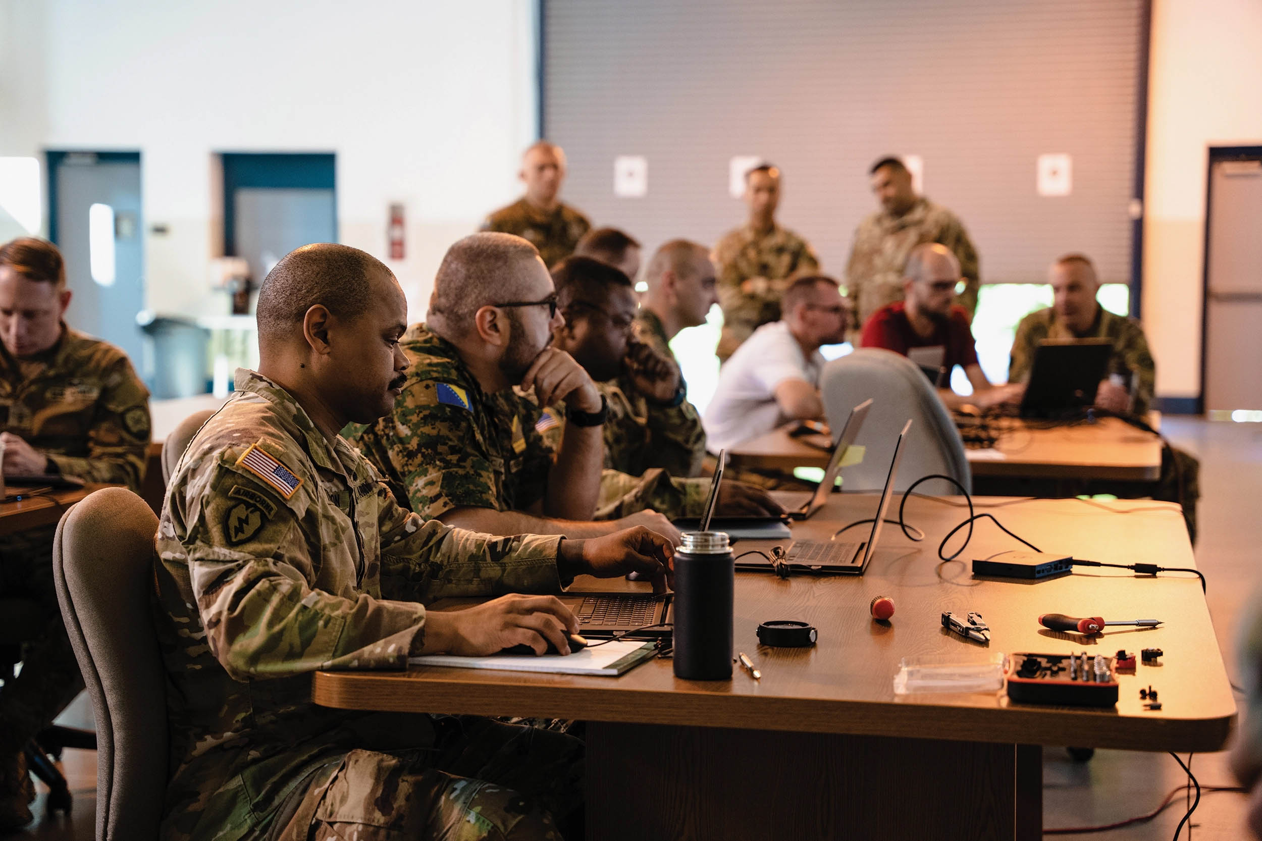 Members of 169th Cyber Protection Team and members of Armed Forces of Bosnia and Herzegovina conduct cyber adversarial exercises at Private Henry Costin Readiness Center in Laurel, Maryland, June 29, 2022 (U.S. Army National Guard/Tom Lamb)