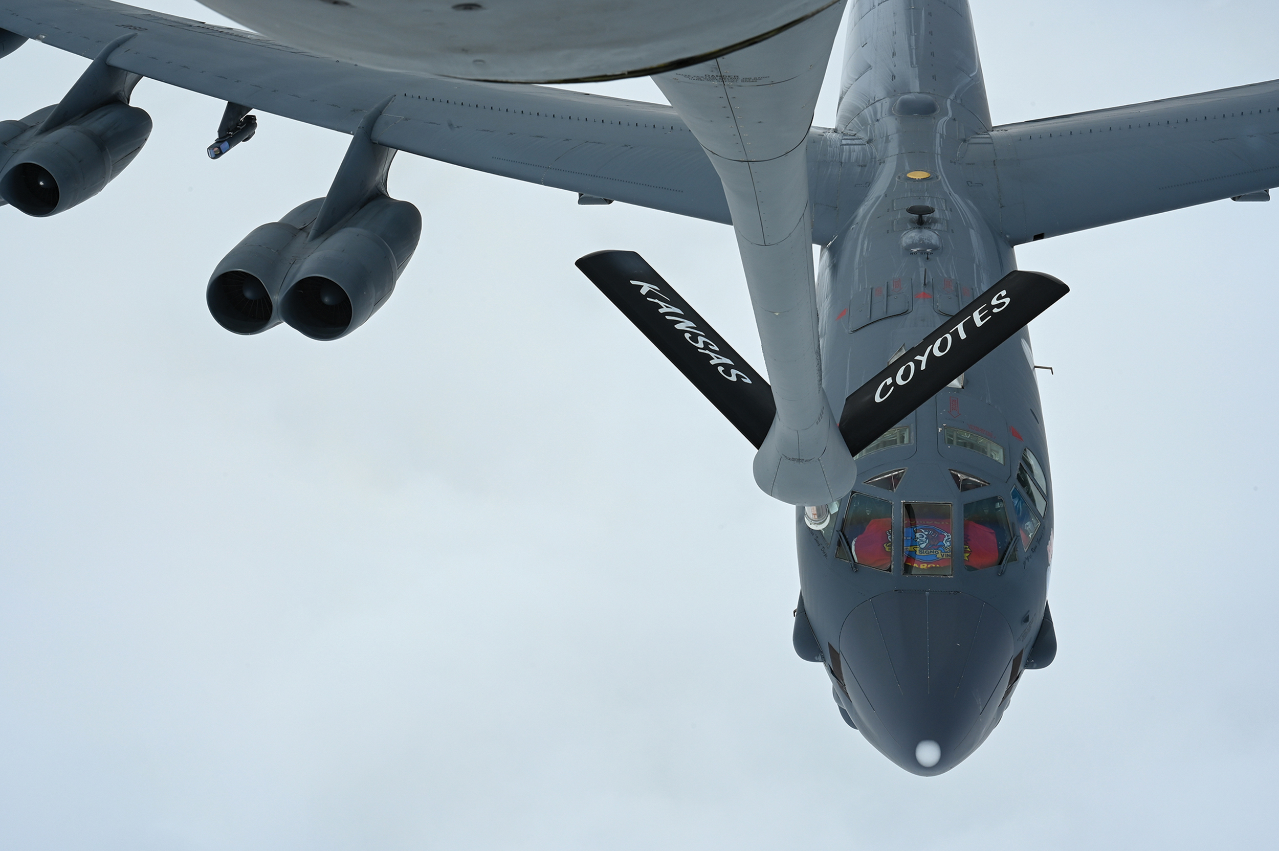 Air Force B-52H Stratofortress prepares to refuel with KC-135 Stratotanker in U.S. Central Command area of responsibility during Bomber Task Force mission