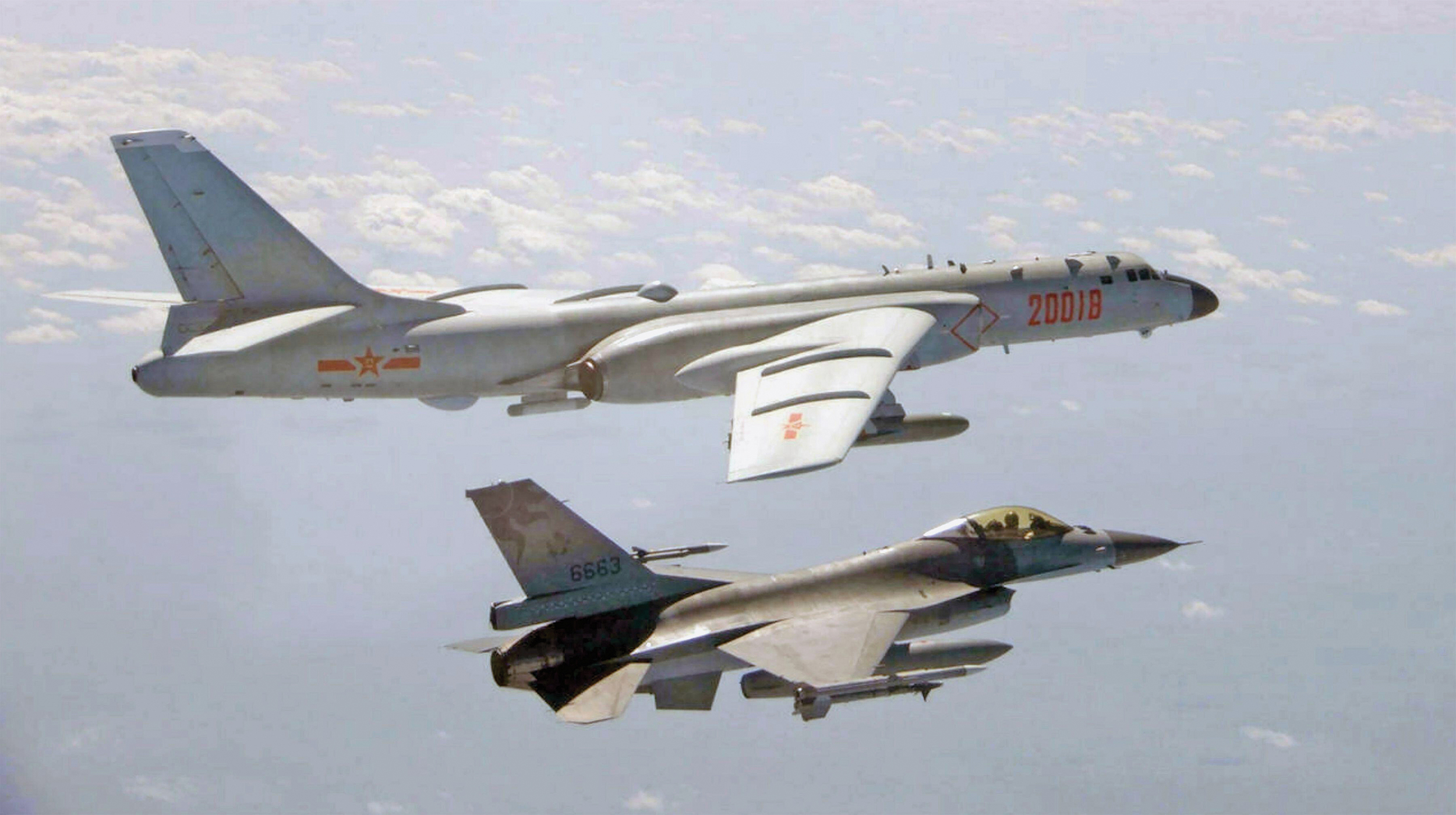 Taiwan Air Force F-16 monitors Chinese People’s Liberation Army Air Force H-6 bomber as it passes near Taiwan airspace