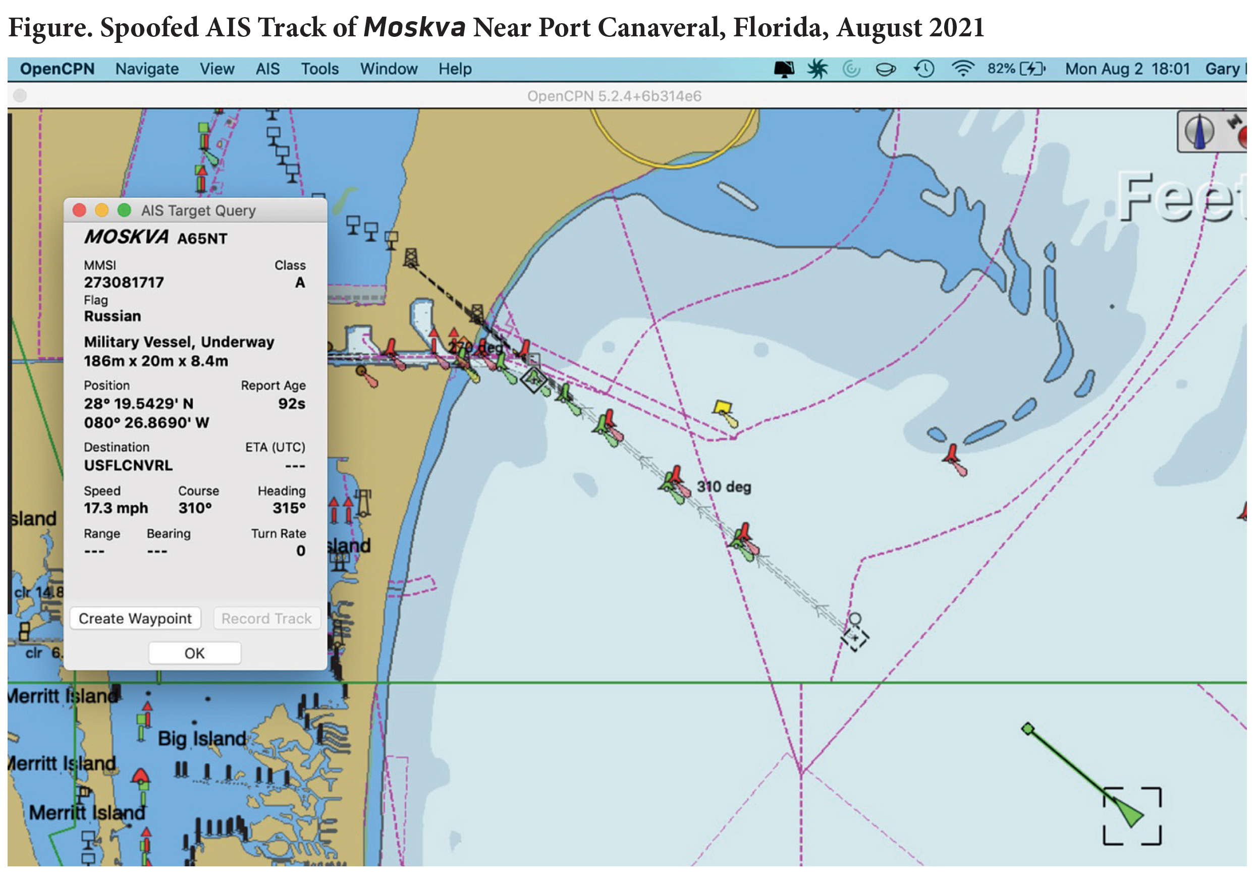 Figure. Spoofed AIS Track of Moskva Near Port Canaveral, Florida, August 2021