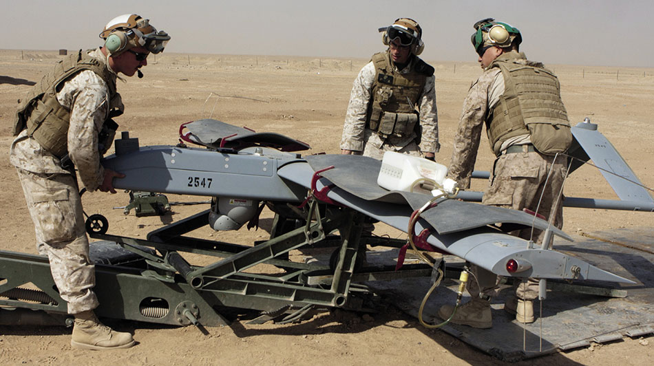 Marines load RQ-7B Shadow UAV onto launching ramp, Camp Leatherneck, Helmand Province (U.S. Marine Corps/Robert R. Carrasco)