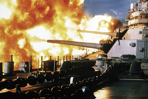 USS New Jersey fires salvo from 16-inch guns during early 1984 deployment off coast of Lebanon (U.S. Navy/Ron Garrison)
