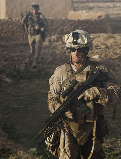 U.S. Marines patrol during cordon and search mission in Habib Abad, Helmand Province <br />(DOD/Anthony L. Ortiz)