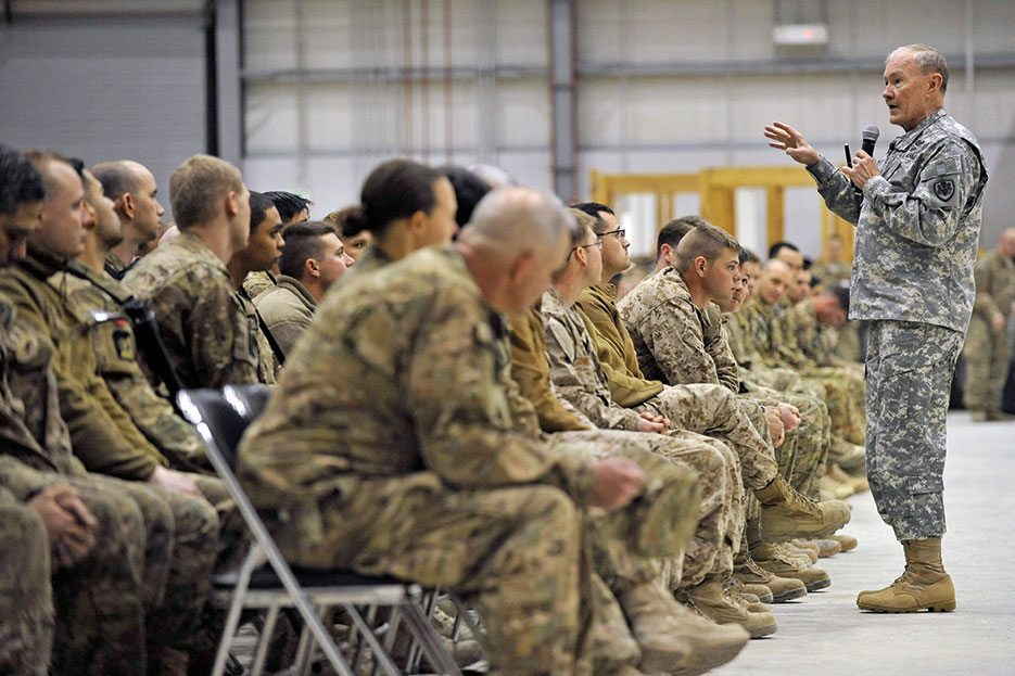 Chairman talks to Servicemembers at Bagram Airfield about the future of U.S. military operations in Afghanistan and force reductions (U.S. Air Force/Gary J. Rihn)