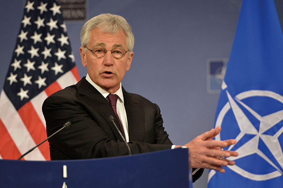 Secretary Hagel conducts news conference regarding Afghanistan and evolving crisis in Ukraine at NATO defense ministerial meeting (DOD/Glenn Fawcett)