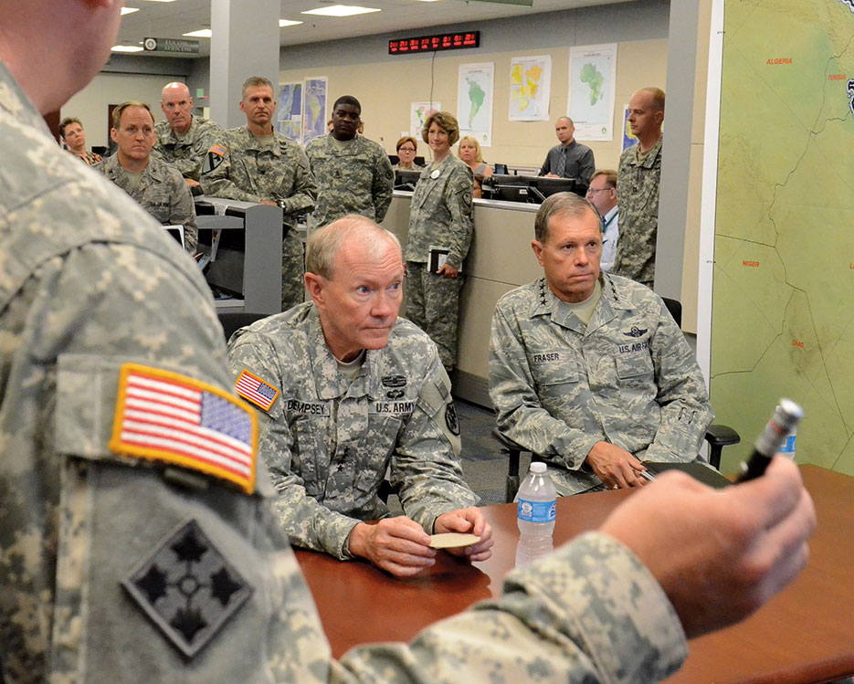 Chairman and General Fraser briefed on current mission of U.S. Army Military Surface Deployment and Distribution mission (USTRANSCOM /Bob Fehringer)