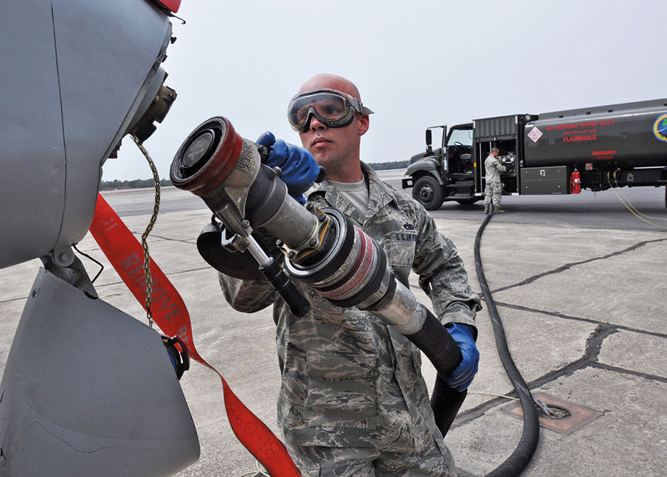 Airman prepares to fuel A-10C Thunderbolt II with 50/50 blend of Hydrotreated Renewable Jet and JP-8; plane then flew first flight of aircraft powered solely by biomass-derived jet fuel blend (U.S. Air Force/Samuel King, Jr.)