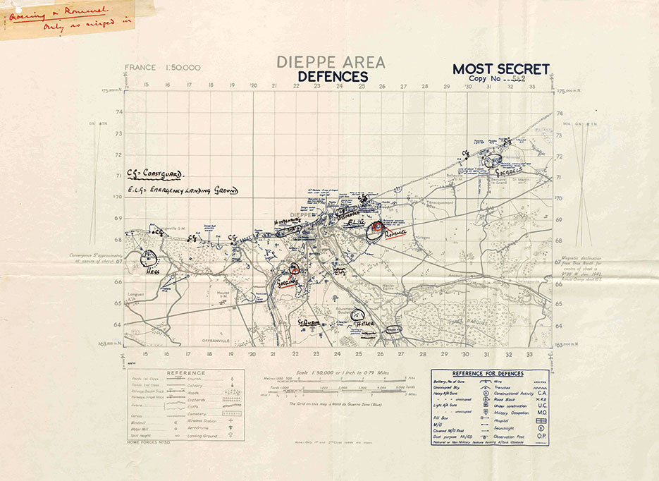 Map detailing German positions in Dieppe area