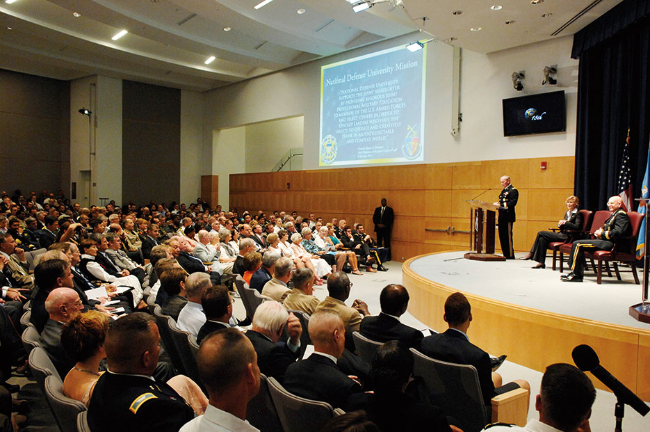 Chairman addresses audience at National Defense University as it welcomes Major General Gregg Martin as its 14th president during assumption of command ceremony, July 11, 2012 (DOD/Tyrone C. Marshall, Jr.)