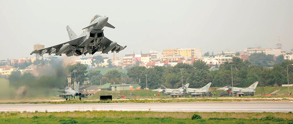 Royal Air Force Typhoon Eurofighter departs Italian airbase in Gioia del Colle during Operation Unified Protector (UK Ministry of Defence)