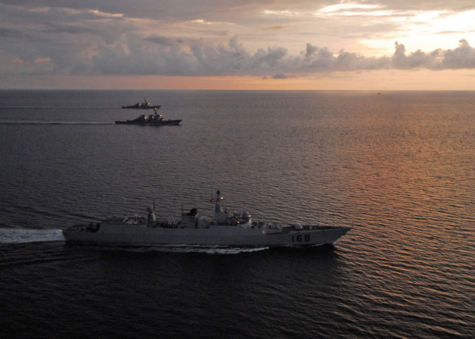 USS Fitzgerald and USS McCampbell maneuver with People’s Liberation Army Navy destroyer Guangzhou off coast of North Sulawesi, Indonesia (U.S. Navy/Ian Schoeneber)