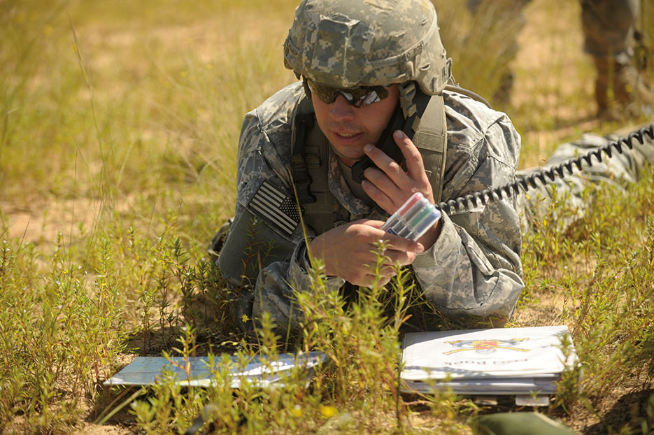 Army first lieutenant establishes radio contact during joint operational access exercise at Fort Bragg (U.S. Air Force/Quinton Russ)