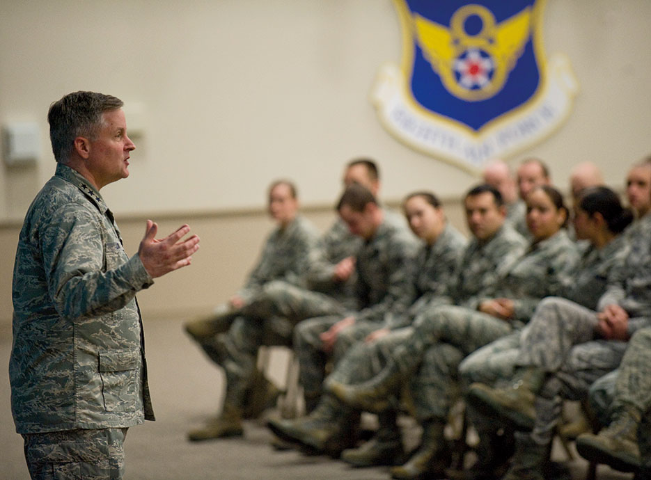 Chief of warfighting integration and chief information officer for Office of Secretary of Air Force discusses cyber security during seminar at Barksdale Air Force Base (U.S. Air Force/Chad Warren)