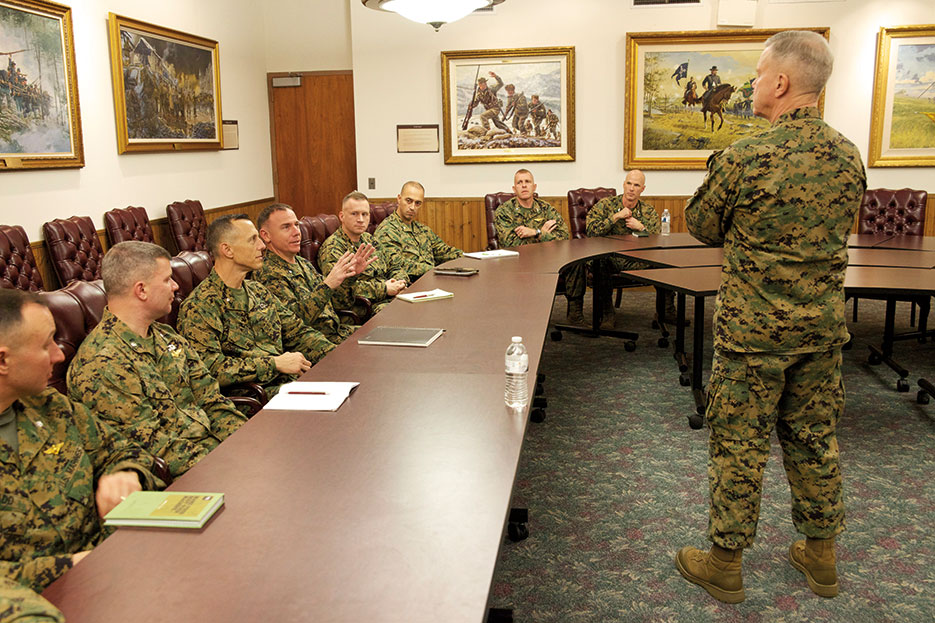 Marine Corps Commandant General James F. Amos addresses Marine students in commandant’s conference room at U.S. Army War College (U.S. Marine Corps/Mallory S. VanderSchans)