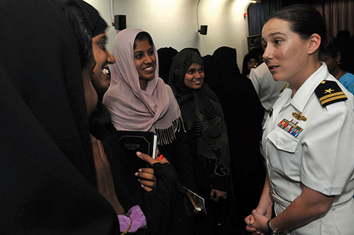 Arleigh Burke–class guided-missile destroyer USS Decatur operations officer answers questions during port visit in Chennai, India, to commemorate Women’s History Month (U.S. Navy/Jennifer A. Villalovos)