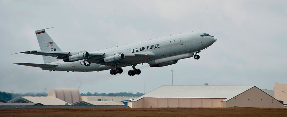 E8-C Joint Surveillance and Target Attack Radar System aircraft leaves Robins Air Force Base, Georgia (U.S. Air Force/Andrew Lee)