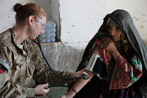 Soldier checks blood pressure of Afghan in Kandahar Province, Operation Spartan Stork (U.S. Army/Kristina Truluck)