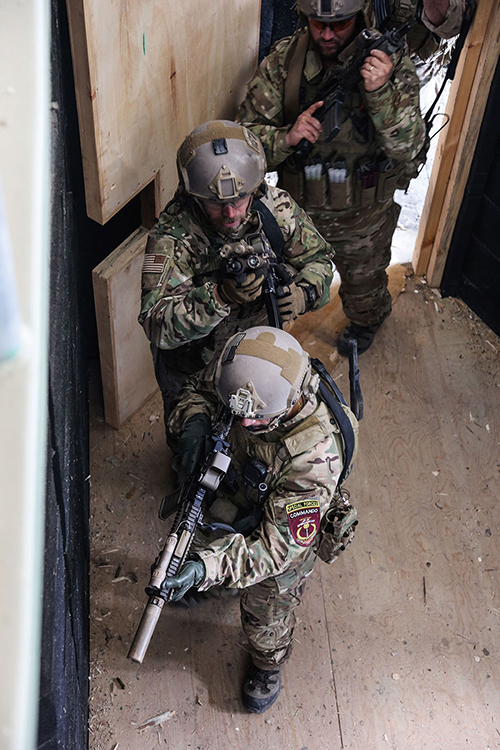 U.S. Special Forces Soldiers attached to Combined Joint Special Operations Task Force–Afghanistan prepare to enter and clear room while conducting close-quarter battle drill at shoot house in Kabul Province (U.S. Army/Connor Mendez)