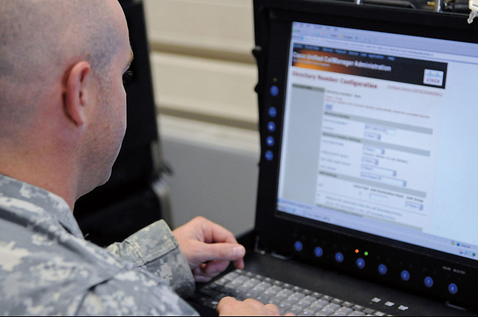 Soldier connects with call manager during Cyber Endeavor, annual exercise designed for multinational operations in European theater (U.S. Army/Shawnon Lott)