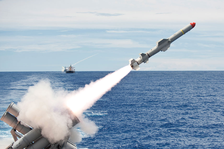 Forward deployed Ticonderoga-class guided-missile cruiser USS Cowpens launches Harpoon missile from aft missile deck as part of live-fire exercise in Valiant Shield 2012 (U.S. Navy/Paul Kelly)