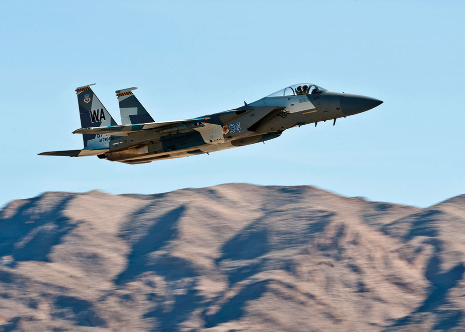 F-15 Eagle departs during mission employment phase exercise at Nellis Air Force Base that incorporates Air Force capabilities in diverse scenarios including aircraft with space and cyberspace assets (U.S. Air Force/Brett Clashman)