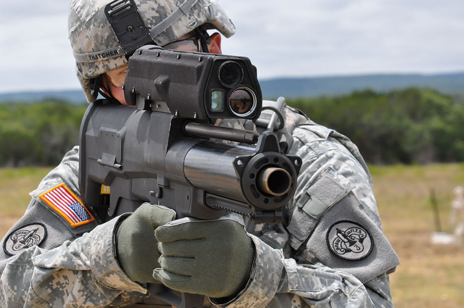 Soldier aims XM-25 weapon system, Aberdeen Test Center, Maryland (U.S. Army)
