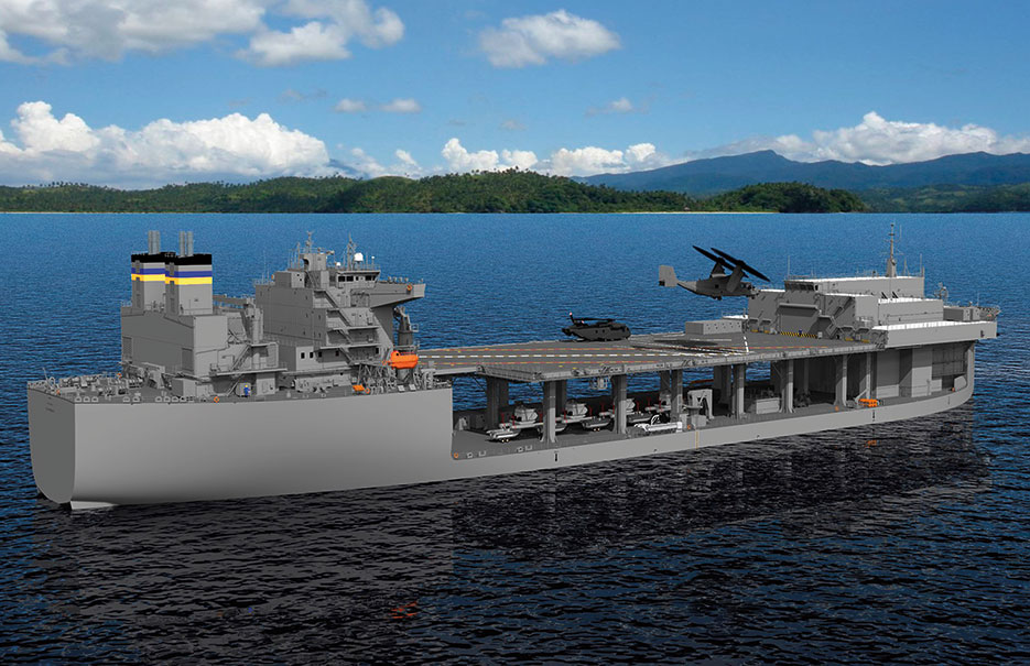 Artist’s conception of MLP/AFSB with departing V-22 Osprey (U.S. Navy/Courtesy General Dynamics NASSCO)