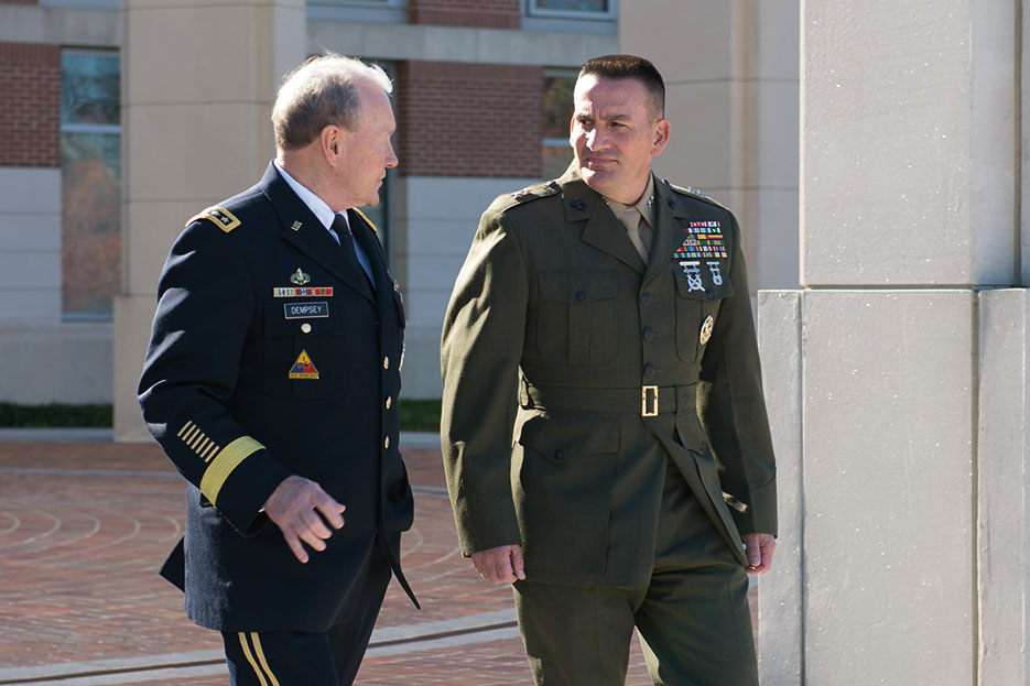 Chairman walks with Major General Frederick M. Padilla, USMC, after change of command ceremony in which Major General Padilla became 15th president of National Defense University, November 2014 (NDU/Katherine Lewis)