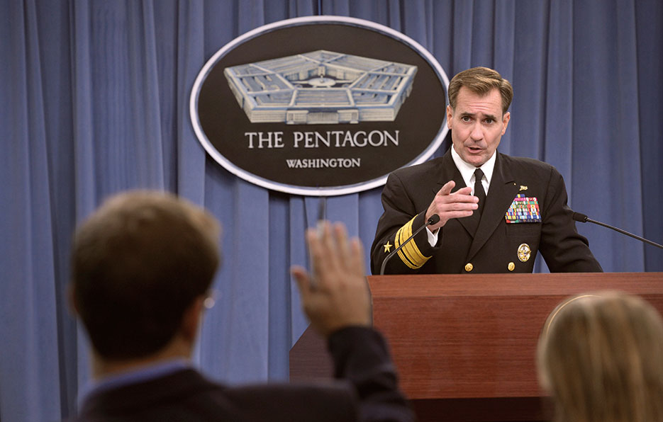 Pentagon Press Secretary Rear Admiral John Kirby answers questions for media during weekly press conference, October 2014 (DOD/Glenn Fawcett)