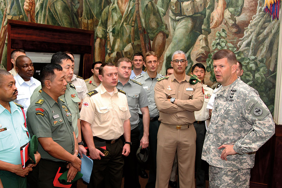 U.S. Army Pacific chief of staff welcomed 39 senior leaders participating in U.S. Army War College International Fellows program to Fort Shafter, Hawaii (U.S. Army/Kyle J. Richardson)