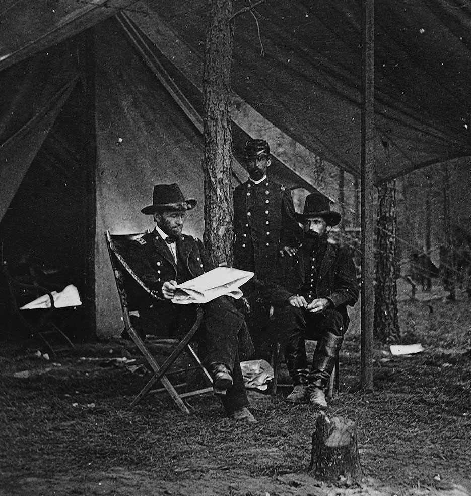 General Grant, Lieutenant Colonel Bowers, and General Rawlins at Grant’s headquarters, Cold Harbor, June 1864 (LOC)