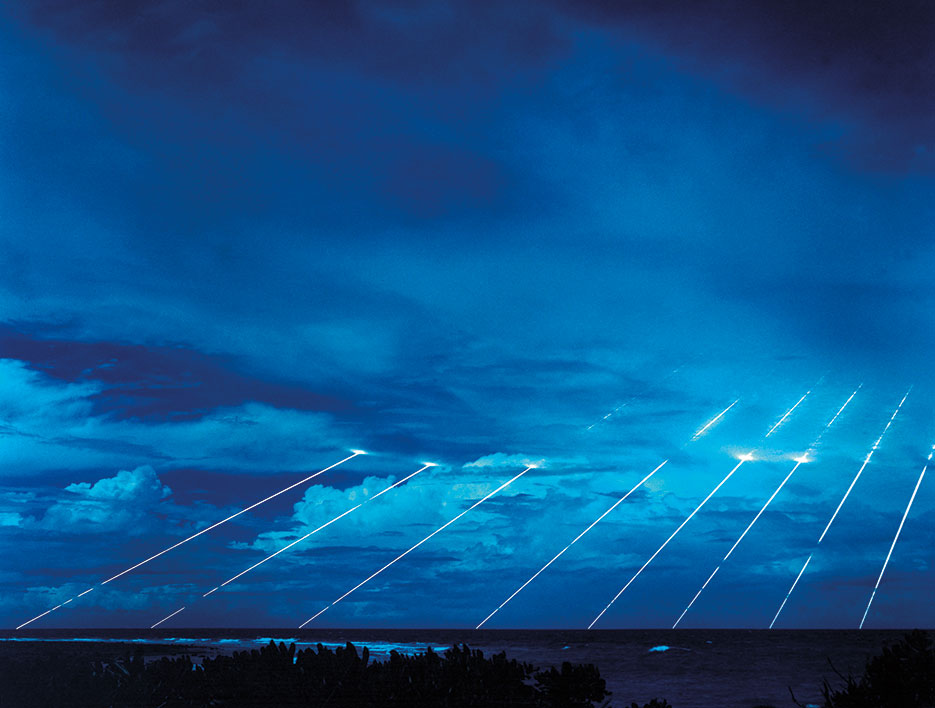 LGM-118A Peacekeeper missile system tested at Kwajalein Atoll in Marshall Islands shows paths of multiple re-entry vehicles deployed by missile <br />(U.S. Army/David James Paquin)