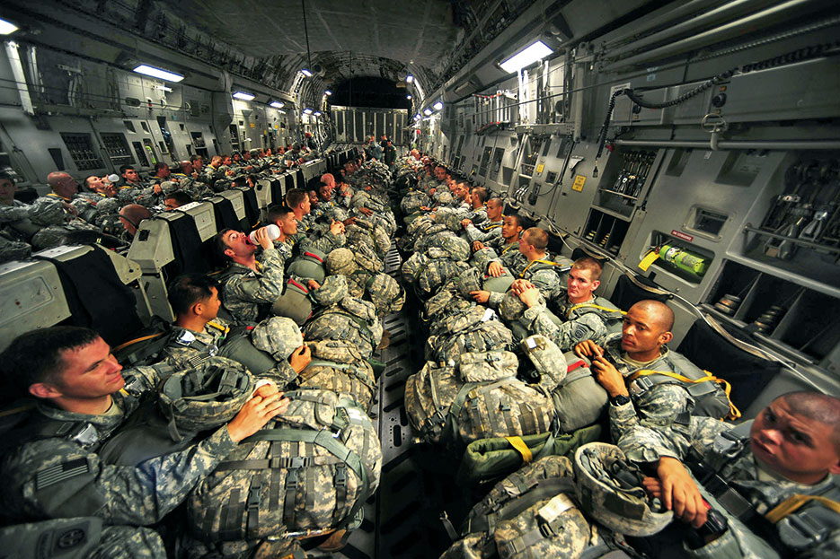 Army paratroopers wait to perform personnel airdrop mission during joint operational access exercise, Fort Bragg, June 2011 (U.S. Air Force/Asha Harris)
