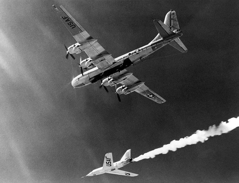 X-2 rocket plane dropped from B-50 Superfortress mothership in mid-1950s (NASA)