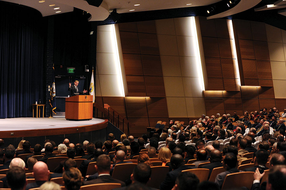 Retired Ambassador Robert B. Zoellick, chairman of Goldman Sach’s International Advisors, speaks to students, staff, and faculty during evening lecture at U.S. Naval War College, October 2014 (U.S. Navy/James E. Foehl)