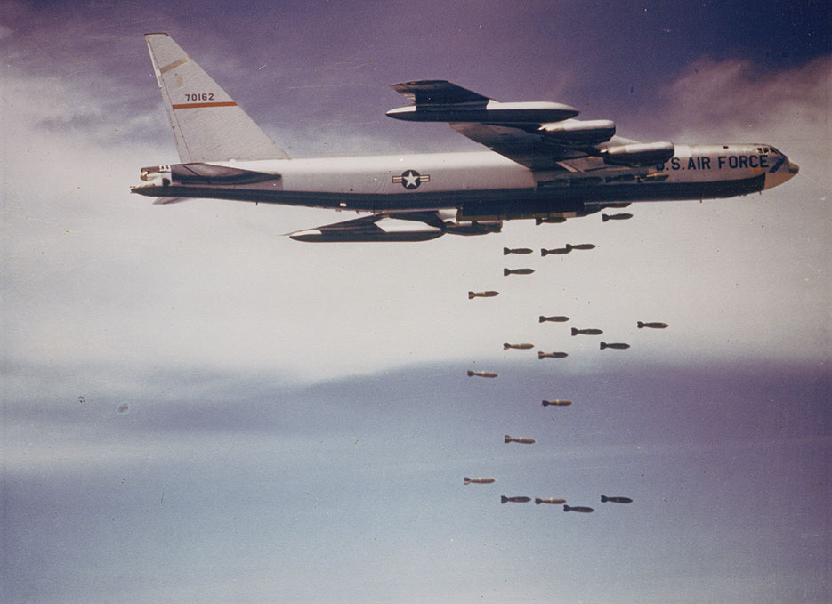 U.S. Air Force Boeing B-52F Stratofortress from 320th Bomb Wing dropping bombs over Vietnam in mid-1960s (U.S. Air Force)