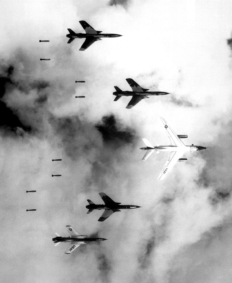 Flying under radar control with B-66 Destroyer, Air Force F-105 Thunderchief pilots bomb North Vietnam military target, June 14, 1966 (U.S. Air Force/NARA/Cecil J. Poss)
