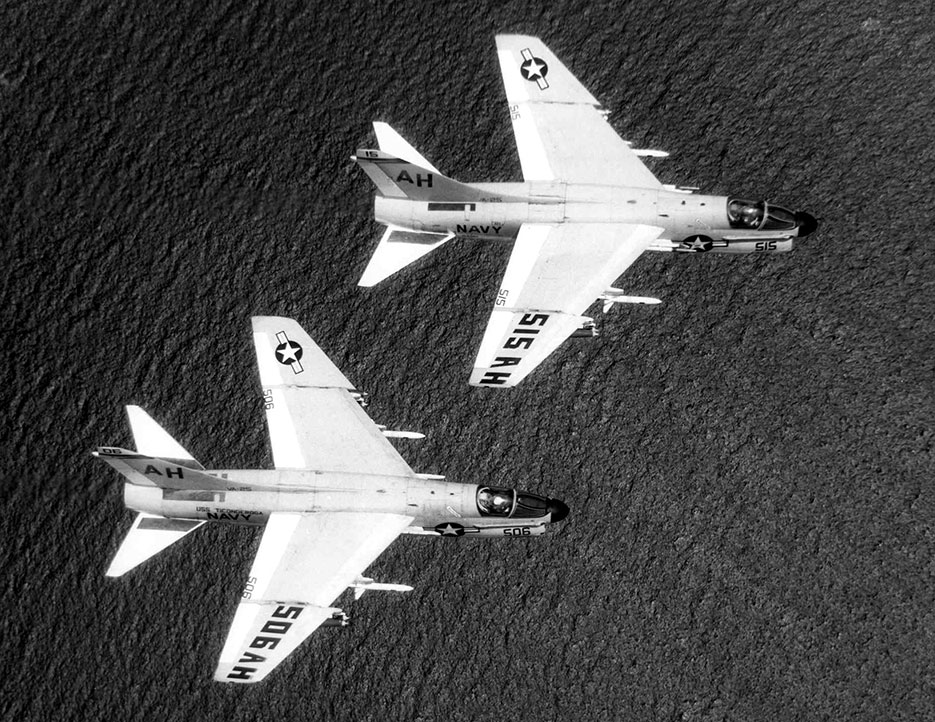 Two U.S. Navy Douglas A-7B Corsair II from attack squadron VA-25 during 1969 Ironhand mission over North Vietnam (U.S. Navy)