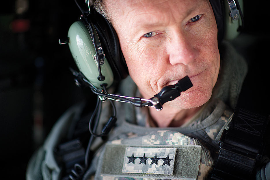 General Dempsey on UH-60 Blackhawk helicopter while flying over Kabul, February 2012 (DOD/D. Myles Cullen)