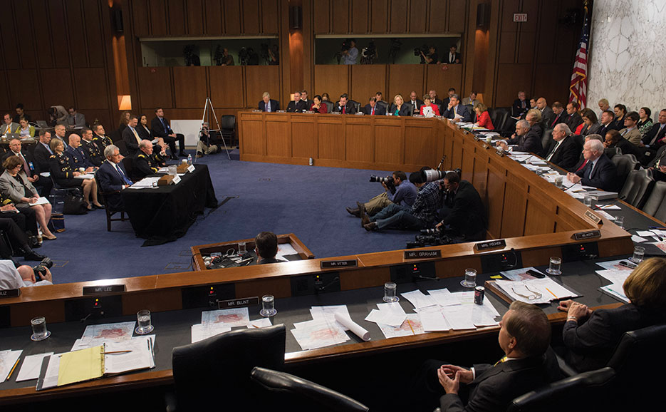 Then-Secretary Hagel and General Dempsey testify before Senate Armed Services Committee regarding President Obama’s authorized military strikes in Syria to destroy, degrade, and defeat ISIL (DOD/Daniel Hinton)