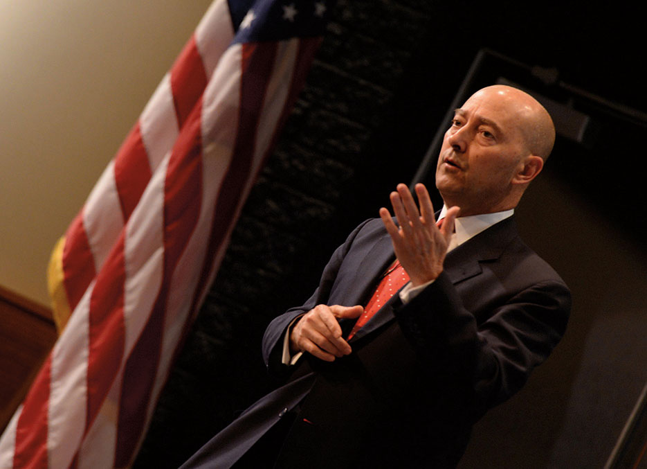 Retired Admiral James G. Stavridis, dean of Fletcher School of Law and Diplomacy at Tufts University, speaks at U.S. Naval War College, December 2014 (U.S. Navy/James E. Foehl)