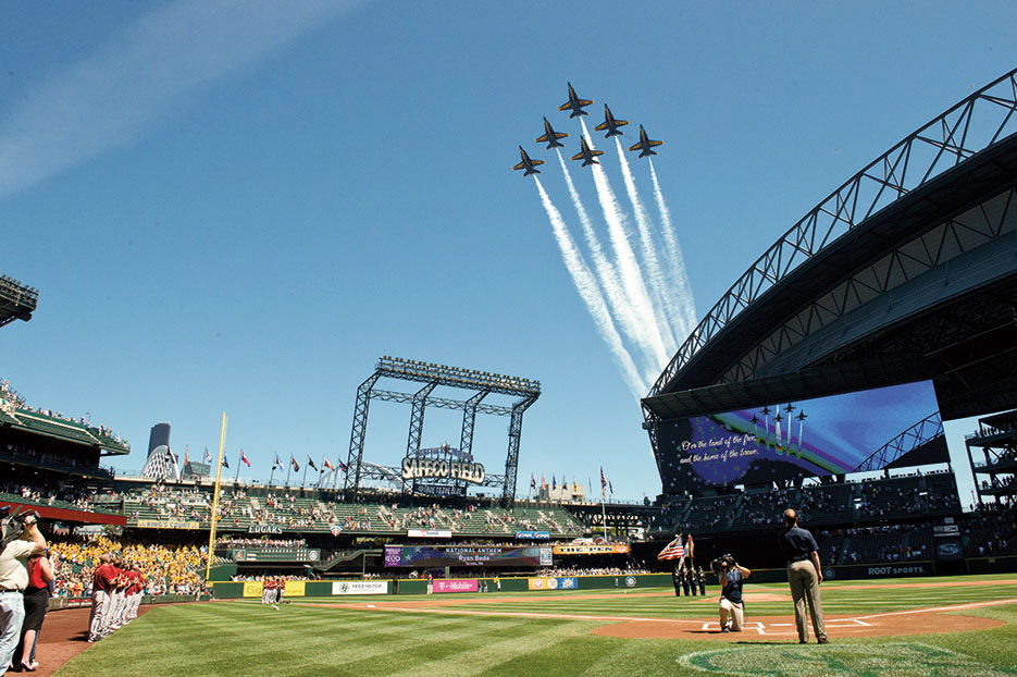 Blue Angels fly over Safeco Field before Mariners baseball game in Seattle, Washington, July 29, 2015 (U.S. Navy/Michael Lindsey)