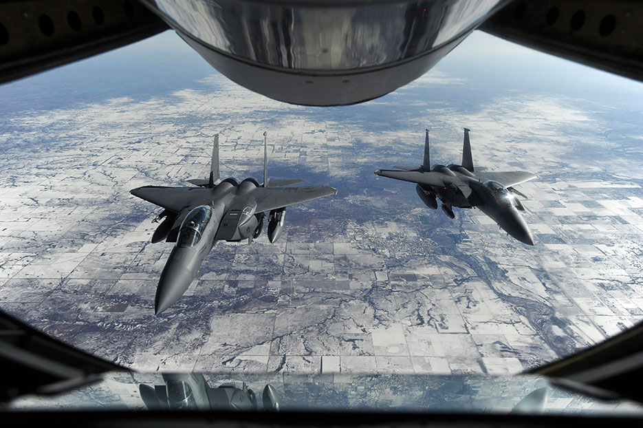 F-15E Strike Eagles participate in Red Flag 15-1, featuring aircraft from 21 different Air Force squadrons, offering realistic combat training involving air, space, and cyber forces from the United States and its allies (U.S. Air Force/Aaron J. Jenne)