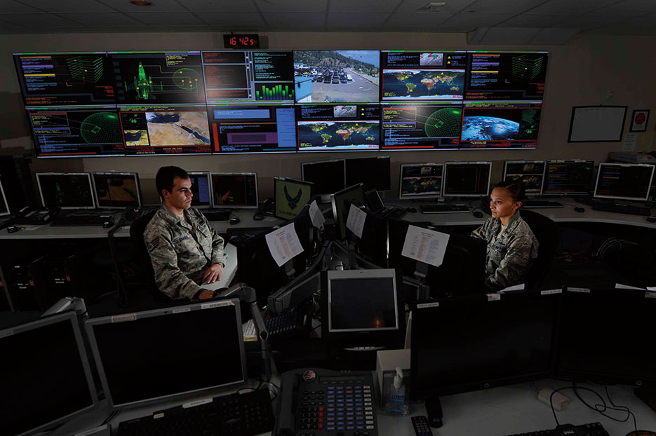 Airmen work in Global Strategic Warning and Space Surveillance System Center at Cheyenne Mountain Air Force Station, Colorado, September 2014 (U.S. Air Force/Krystal Ardrey)