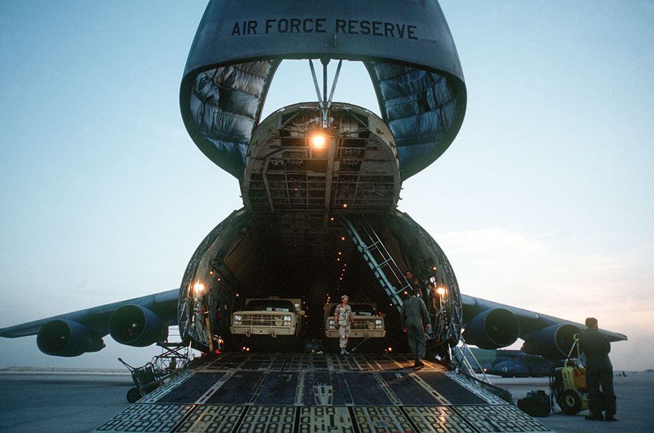 C-5 Galaxy cargo hold and intercontinental flight capabilities were major assets for deploying equipment during Operation <i>Desert Shield</i> (U.S. Air Force)