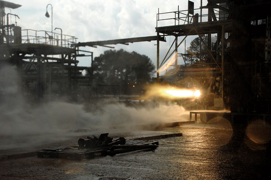 3-D printed rocket part blazes to life during hot-fire test designed to explore how well large rocket engine components withstand temperatures up to 6,000 degrees Fahrenheit and extreme pressures (NASA/MSFC/Emmett Given)