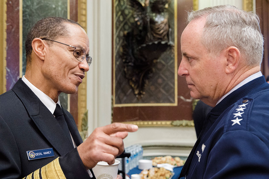 Commander of U.S. Strategic Command, Admiral Cecil D. Haney, and U.S. Air Force Chief of Staff General Mark A. Welsh III speak during strategic studies seminar at Eisenhower Executive Office Building, December 2014 (DOD/Sean K. Harp)