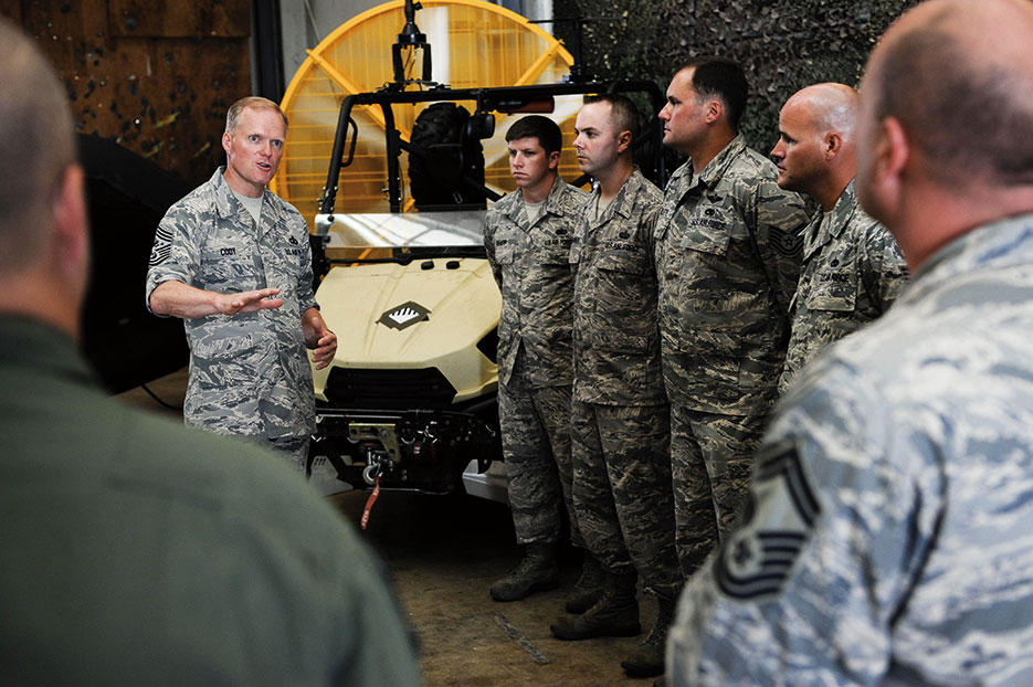 Chief Master Sergeant of the Air Force James A. Cody speaks to Airmen of 353<sup>rd</sup> Special Operations Group at Kadena Air Base, Japan, July 2015 (U.S. Air Force/John Linzmeier)
