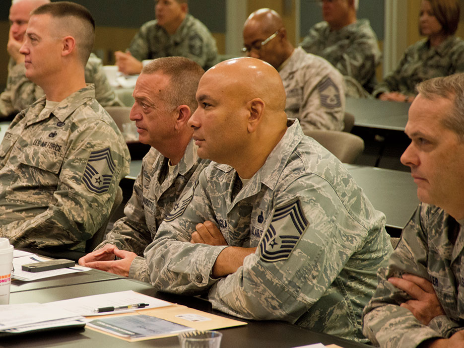 Air National Guard senior noncommissioned officers listen to presentations during Stat Tour Senior Enlisted Leaders Fly-In Conference at Joint Base Andrews, Maryland, November 2015 (U.S. Air National Guard/John E. Hillier)