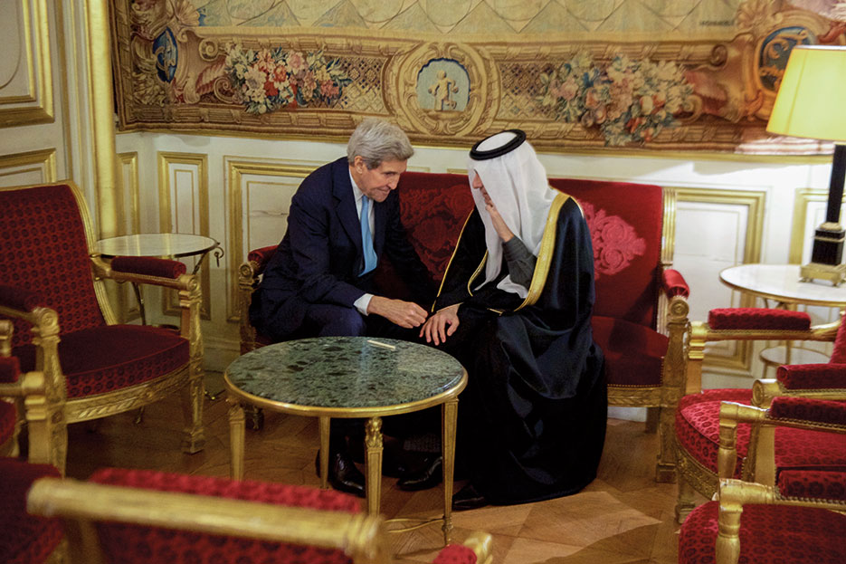 Secretary Kerry and Saudi Arabian Foreign Minister Adel al-Jubeir at French Foreign Ministry in Paris before multinational meeting to discuss future of Syria, December 2015 (State Department)